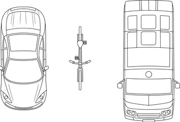 CAD drawing flat vector, car bicycle double decker bus top view illustration, vehicle comparison design, transportation blueprint, urban planning diagram layout © Khadija Creatives
