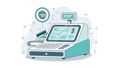Modern electronic cash register with a digital display showing financial charts and graphs, a credit card, and a shopping cart icon symbolizing online commerce, representing the integration of