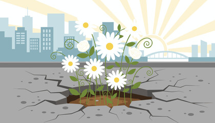 Vibrant white daisies and roses push through cracked pavement in a city landscape, symbolizing resilience and nature's persistence against urban decay, with a bright sunrise in the background.