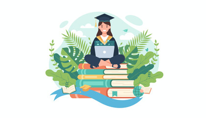 Vibrant vector illustration of a smiling female student in graduation attire, sitting cross-legged atop a stack of colorful books, engrossed in her laptop amidst lush green foliage and a serene sky