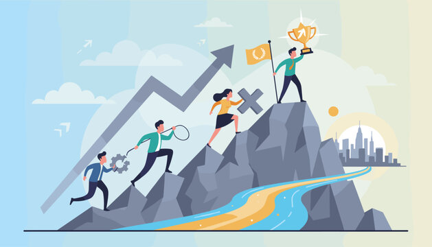 Vivid vector illustration depicting the concept of business motivation, teamwork, and achieving success through a challenging mountain climb towards a city skyline, symbolizing growth and - Powered by Adobe