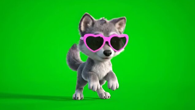 A cute cartoon wolf cub wearing pink heart-shaped sunglasses, walking on a green screen background.