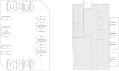 CAD drawing flat vector, parking lot building floor plan, architectural blueprint design, top view illustration, urban planning diagram, commercial facility layout