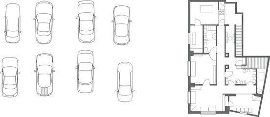 CAD drawing flat vector, car parking grid illustration, architectural building floor plan, top view design, urban planning diagram, residential layout blueprint