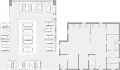 CAD drawing flat vector, parking garage floor plan, architectural building layout, commercial facility blueprint, top view design, urban planning diagram illustration