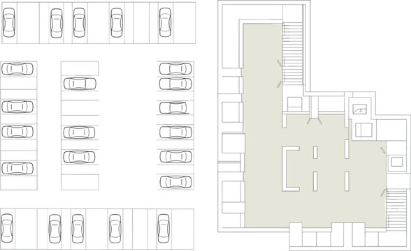 CAD drawing flat vector, parking lot and building floor plan, architectural blueprint design, top view illustration, urban planning diagram, facility layout