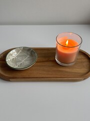 Minimalist Candle and Ceramic Bowl on Wooden Tray – Cozy Home Interior Aesthetic