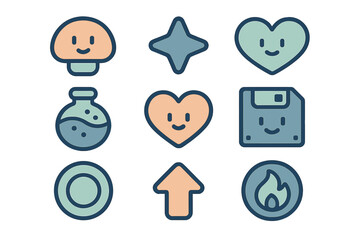 Playful digital symbols set featuring hearts, magic potion, floppy disk, and upward arrow