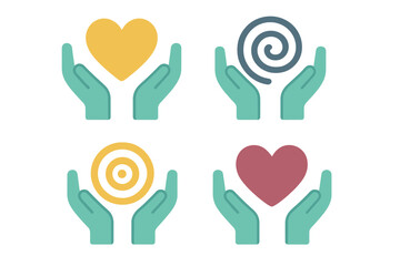 Set of four graphic symbols showing hands holding concepts of love, care, focus, and mental health