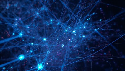 Network pulsing with electric blue nodes, glowing strands and violet-red points in dark void