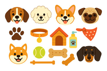 Cute cartoon dog faces and essential pet care accessories set featuring various breeds