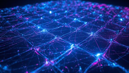Network mesh shimmering in 3D digital void, with luminous nodes, neon lines, tiny glowing particles