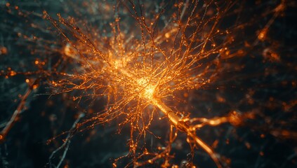 Radiating neuron-like cell body sending signals in abstract space, with glowing dendrites and nodes