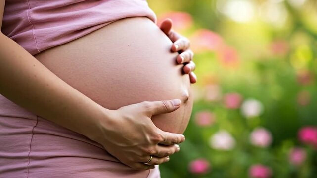 Pregnant woman gently holds her belly amidst a soft, sunlit garden background