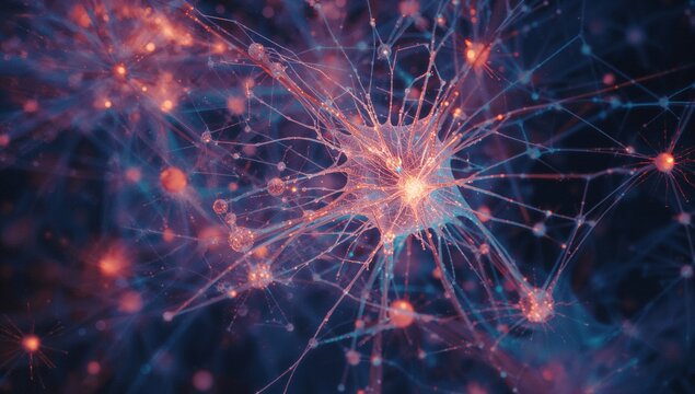 Showing central glowing neuron hub emitting filamentary connections in void, with glowing nodes - Powered by Adobe