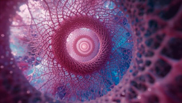 Spiraling branching mesh tunnel glowing within digital interior with bioluminescent particles