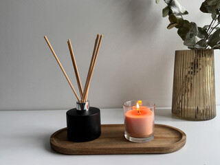 Cozy Home Decor with Candle and Aroma Diffuser. Minimal Interior — Burning Candle and Eucalyptus Vase
