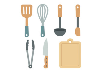 Kitchen cooking utensils set including whisk spatula knife tongs and cutting board