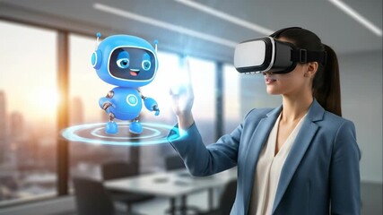Woman interacting with holographic robot via VR headset in office. Augmented reality digital assistant concept. Future technology animation footage. - Powered by Adobe