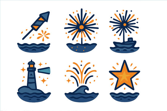 Nautical celebration symbols set with fireworks rocket lighthouse boat and star over ocean waves - Powered by Adobe