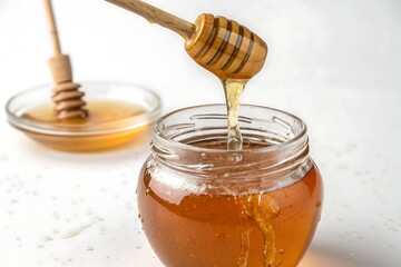 Honey dripping from wooden dipper into glass jar isolated on white background