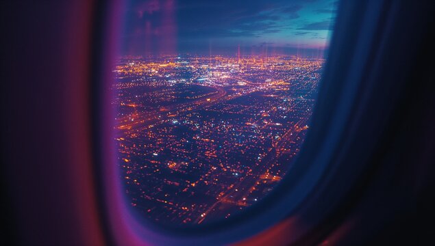 Revealing urban night city lights roads and buildings through plane window frame with tinted glass