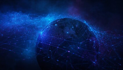 Revealing digital globe with glowing network mesh in cosmic space, with digital nodes haze