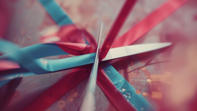 Silver scissors slicing red ribbon and blue ribbon on wooden tabletop, showcasing craft - Powered by Adobe