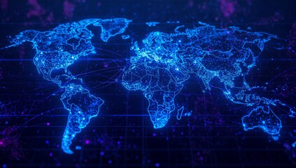 Projecting holographic world map in virtual grid plane, with data nodes, connections and particles