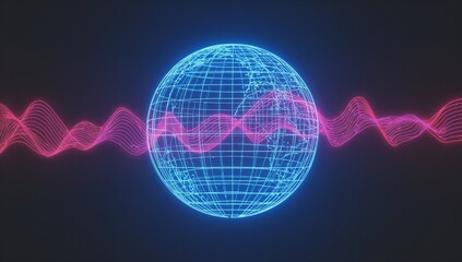 Spinning blue wireframe globe in virtual space, with pink waveform and dark gradient backdrop