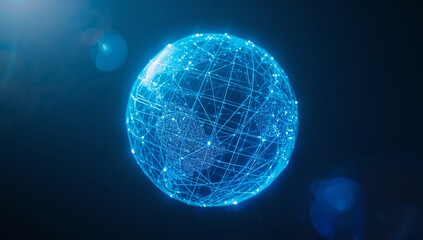 Levitating wireframe globe rotating in digital space, with network lines nodes flares bokeh orbs