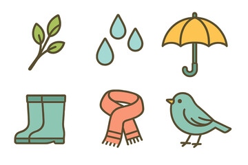 Set of seasonal weather icons including umbrella, raindrops, rubber boots, scarf, bird, and leaves