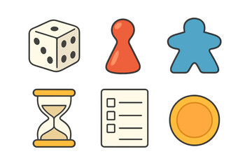 Set of tabletop gaming elements including dice, hourglass, player tokens, and checklist icons
