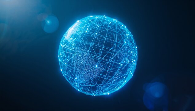 Levitating wireframe globe rotating in digital space, with network lines nodes flares bokeh orbs