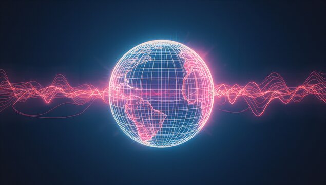 Neon wireframe globe of Earth glowing in virtual void, with pink waveform lines and grid overlay - Powered by Adobe