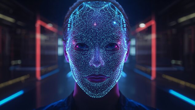 Standing adult Asian woman receiving holographic facial mesh in dim tech corridor, neon lights - Powered by Adobe
