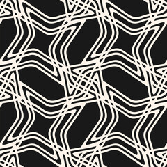 Vector seamless pattern with unusual star mesh and quirky linear waves. Abstract texture with flowing outline grid, curved lines, lattice net design. Bold monochrome background for print, fabric, wrap