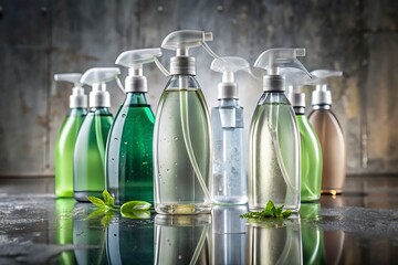 A group of ecofriendly cleaning products in various colors and sizes