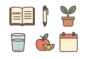 Daily routine and wellness icons set featuring journal, pen, plant, water, fruit, and calendar symbols