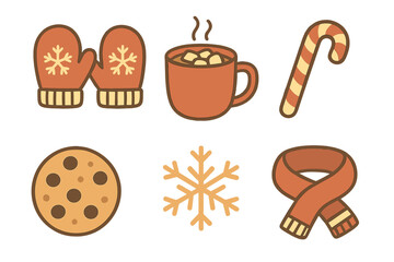 Cozy winter holiday items including mittens, hot cocoa, candy cane, cookie, and scarf