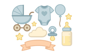 Adorable set of newborn baby essentials: stroller, bodysuit, bottle, and pacifier