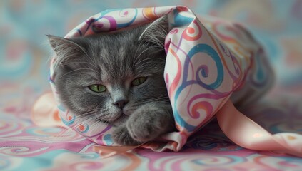 Nestling grey long-haired cat resting on matching fabric at home, with pastel swirl-patterned scarf