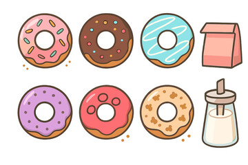 Assortment of six sweet glazed donuts with various toppings and bakery accessories