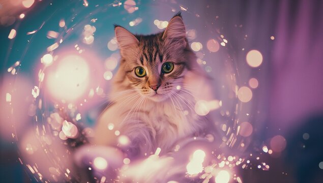 Sitting long-haired tabby cat gazing into camera at lit studio, with pastel light orbs and sparkles