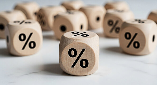 Wooden dice featuring percentage signs symbolize interest rates and financial concepts