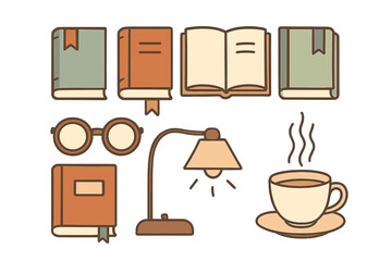 Reading and study objects set including books, spectacles, desk lamp, and coffee cup