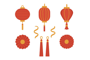 Traditional red and gold Chinese lanterns, tassels, and paper fans for Lunar New Year
