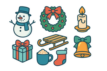 Colorful Christmas and winter holiday symbols including snowman, wreath, candle, gift, sled, stocking, and bell