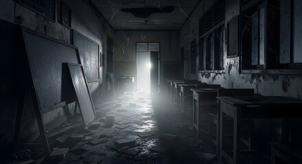 Eerie abandoned classroom illuminated by a mysterious light, evoking a sense of dread and mystery