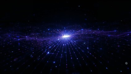 Radiating central node sending radial beams across digital grid, with glowing points wave streams